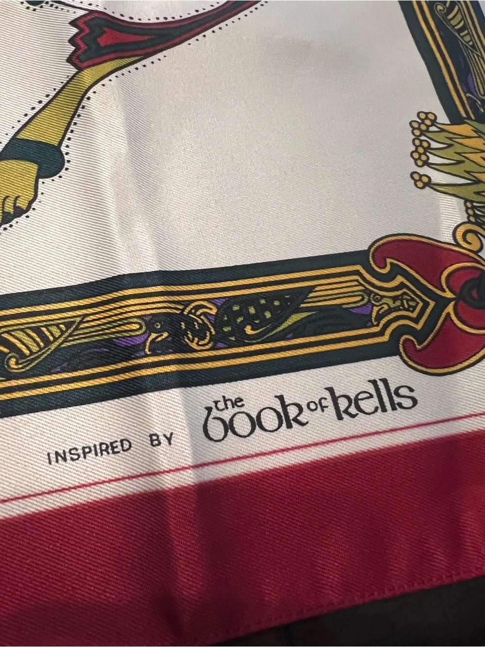Silk-Feel Ivory Scarf with Red Trim and Multicolor Celtic Medallion